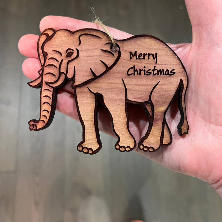 Elephant Merry Christmas - Cedar Ornament