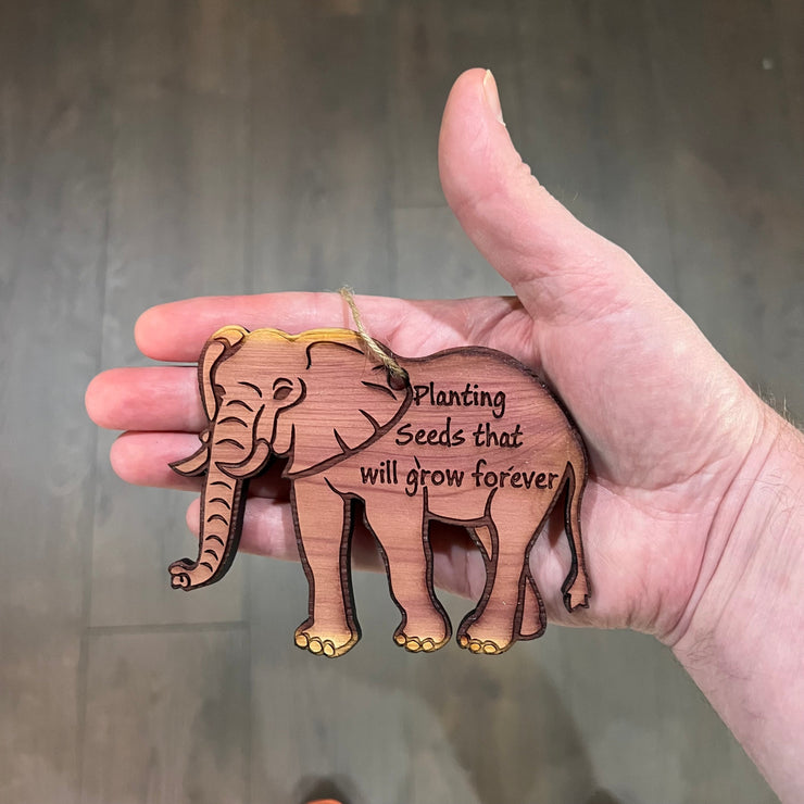 Elephant Planting seeds that will grow forever - Cedar Ornament