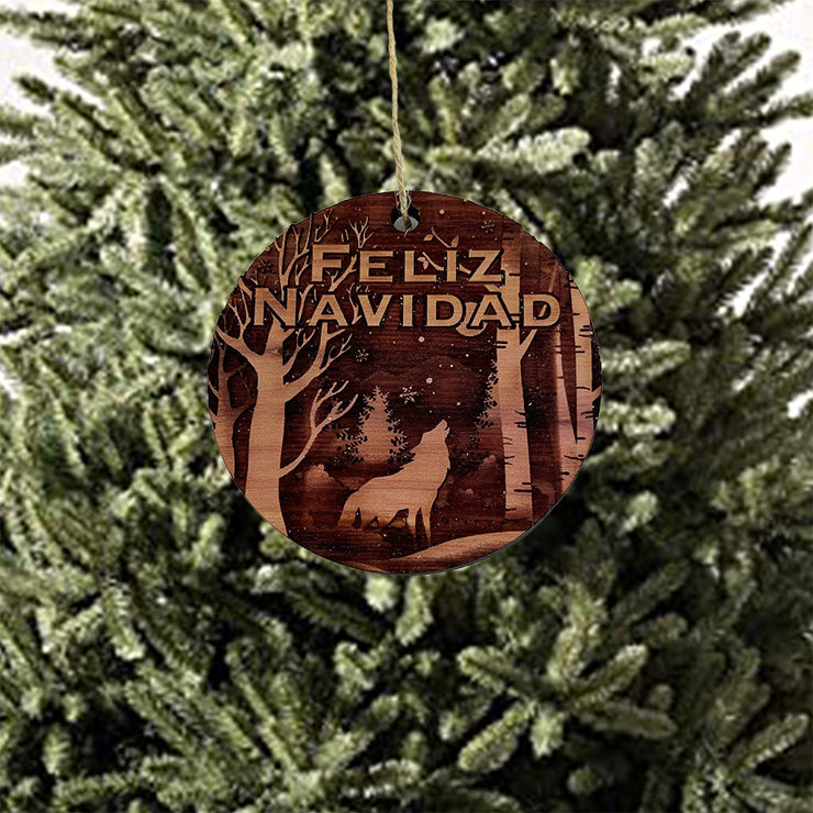 Feliz Navidad Winter Wolf - cedar ornament