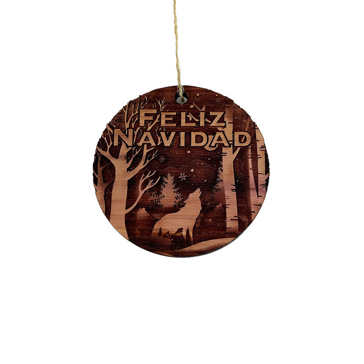 Feliz Navidad Winter Wolf - cedar ornament