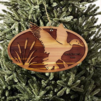 Flying Duck Worlds Best Son - Cedar Ornament