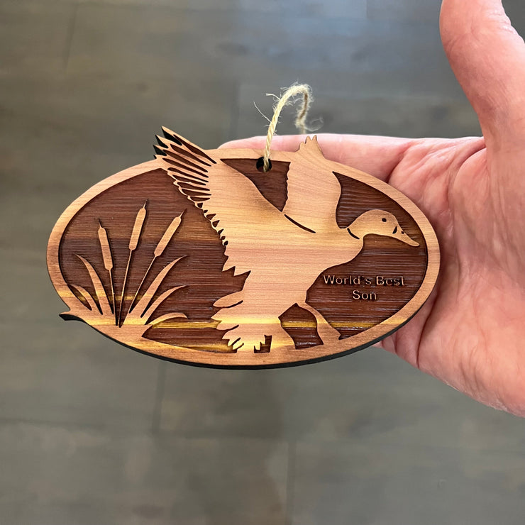 Flying Duck Worlds Best Son - Cedar Ornament