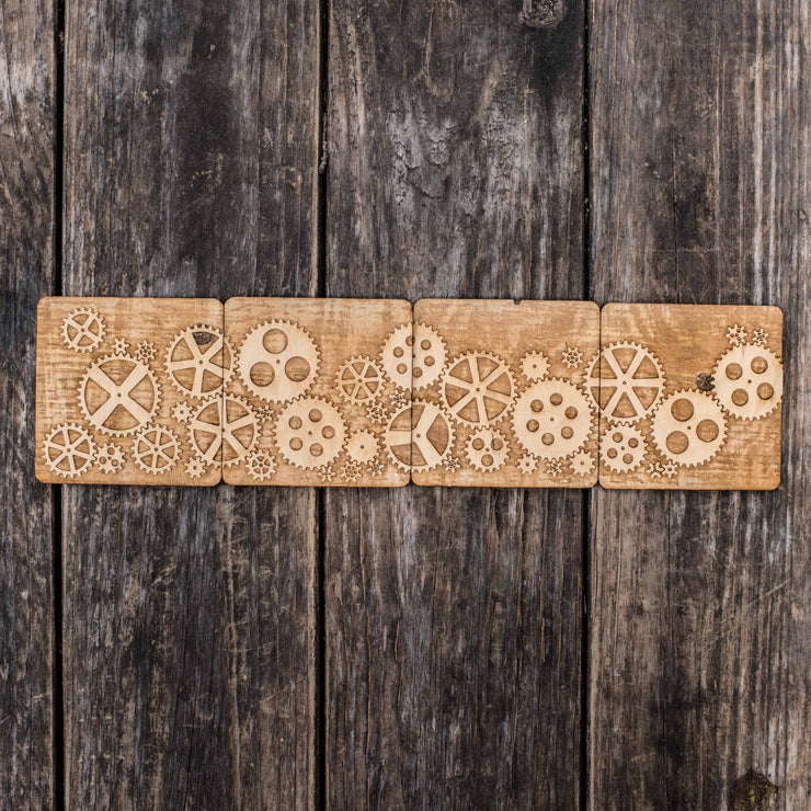 Gears Wood Coaster Set of four 4x4in Raw Wood