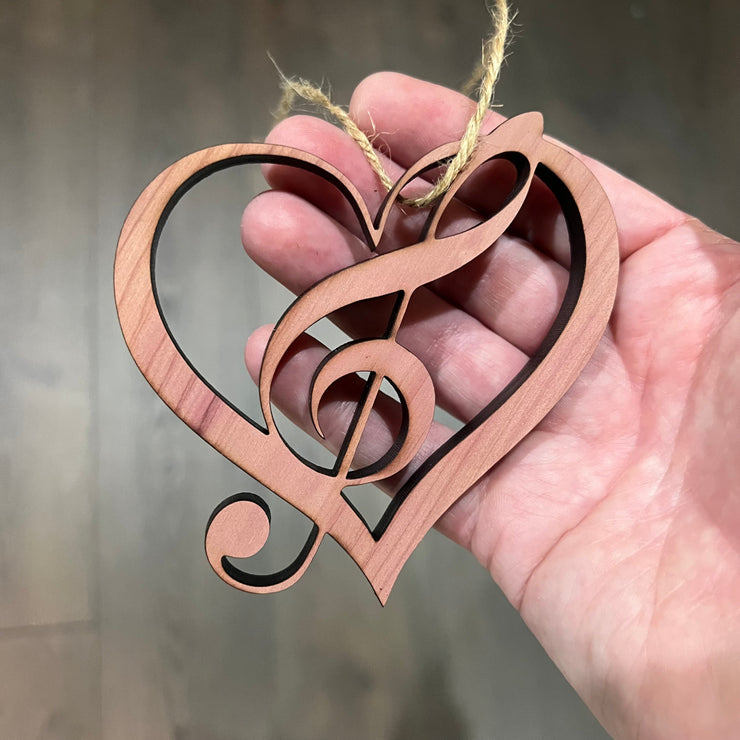 Heart and Treble Clef note - Cedar Ornament