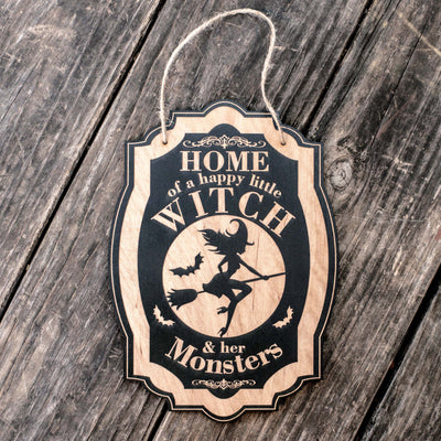 Home of a Happy Little Witch - Black Halloween Door Sign 6x9