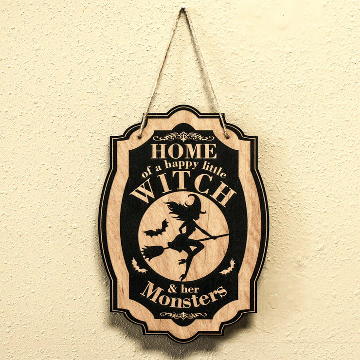 Home of a Happy Little Witch - Black Halloween Door Sign 6x9