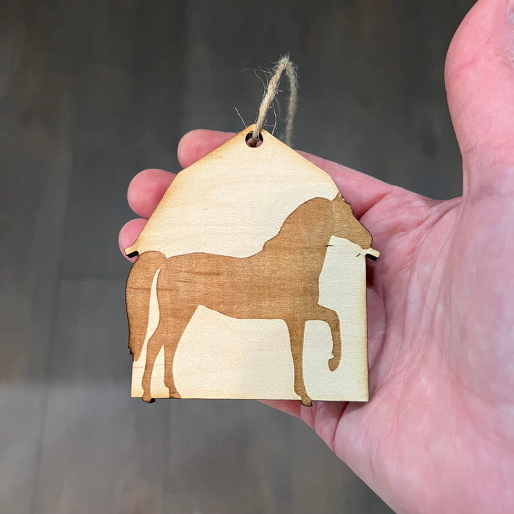 Ornament - Horse and Barn - Raw wood ornament