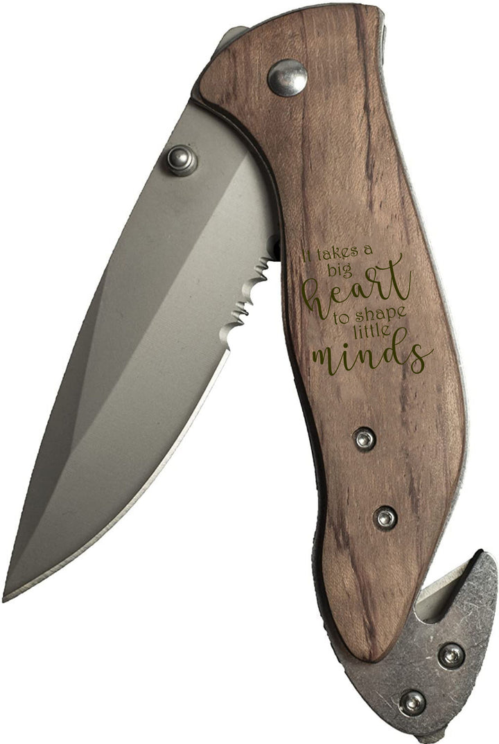 HipFlaskPlus rosewood handle folding knife laser engraved with It Takes a Big Heart to Shape Little Minds