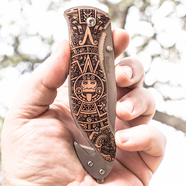 Knife - Aztec Calendar 138 Double Sided Engraving