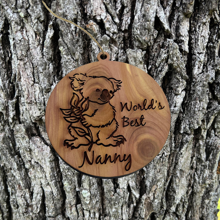 Koala Worlds Best Nanny - Cedar Ornament