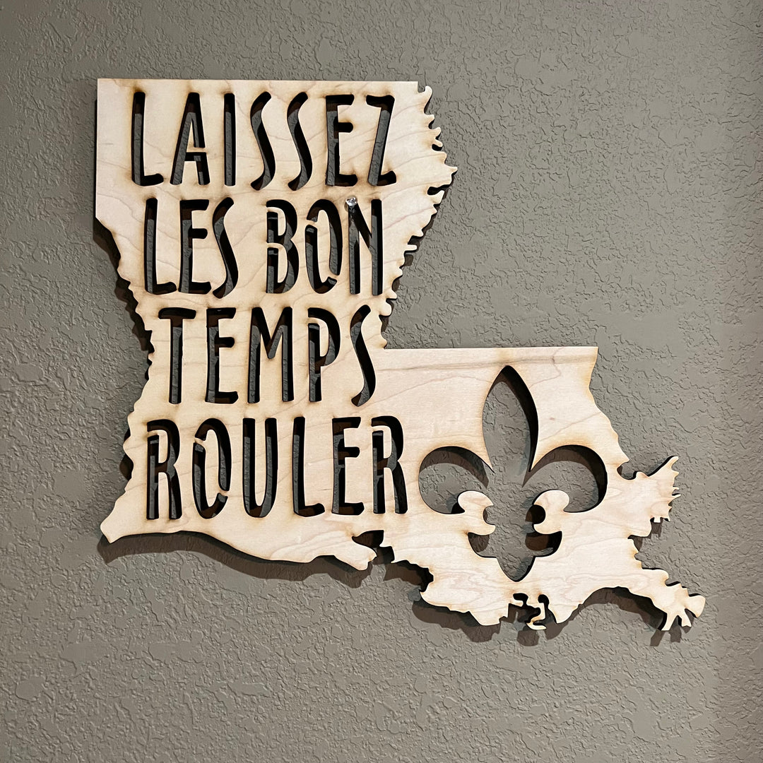 HipFlaskPlus Laissez les Bon Temps Rouler Louisiana maple wood cutout sign on a gray background