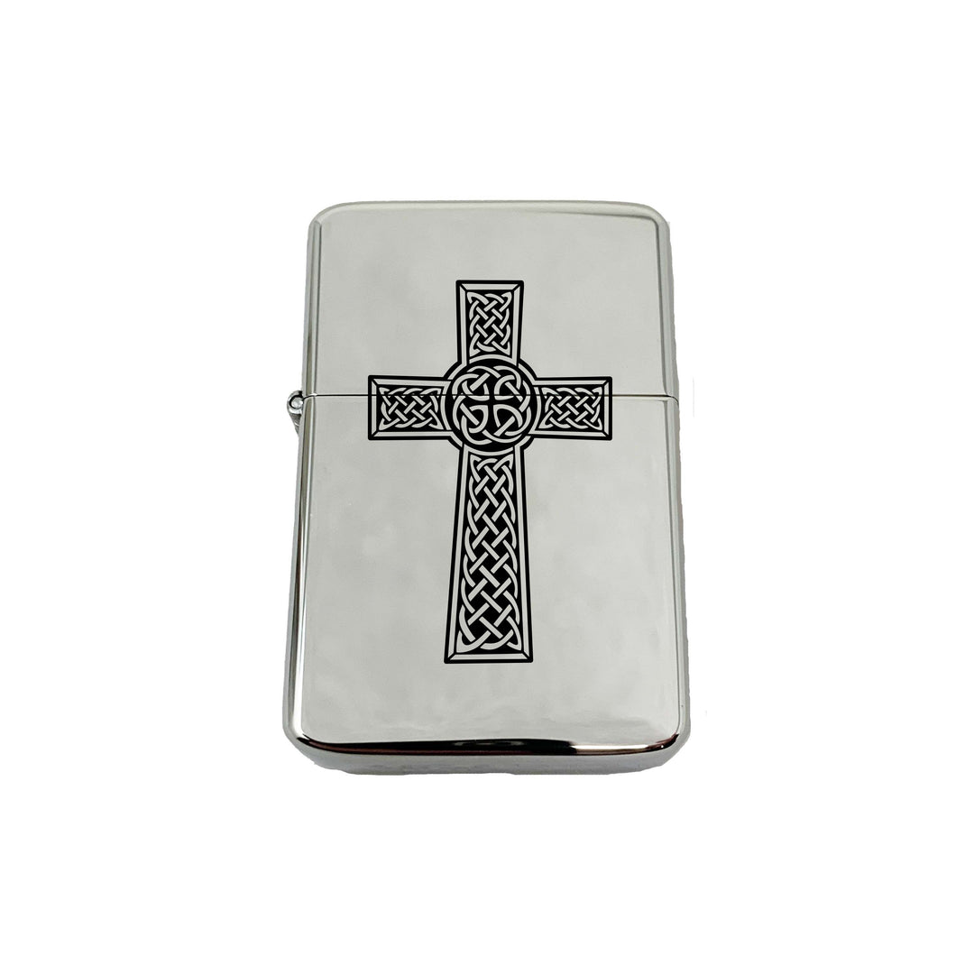 HipFlaskPlus high polish chrome lighter engraved with a Celtic knot cross