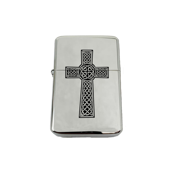HipFlaskPlus high polish chrome lighter engraved with a Celtic knot cross