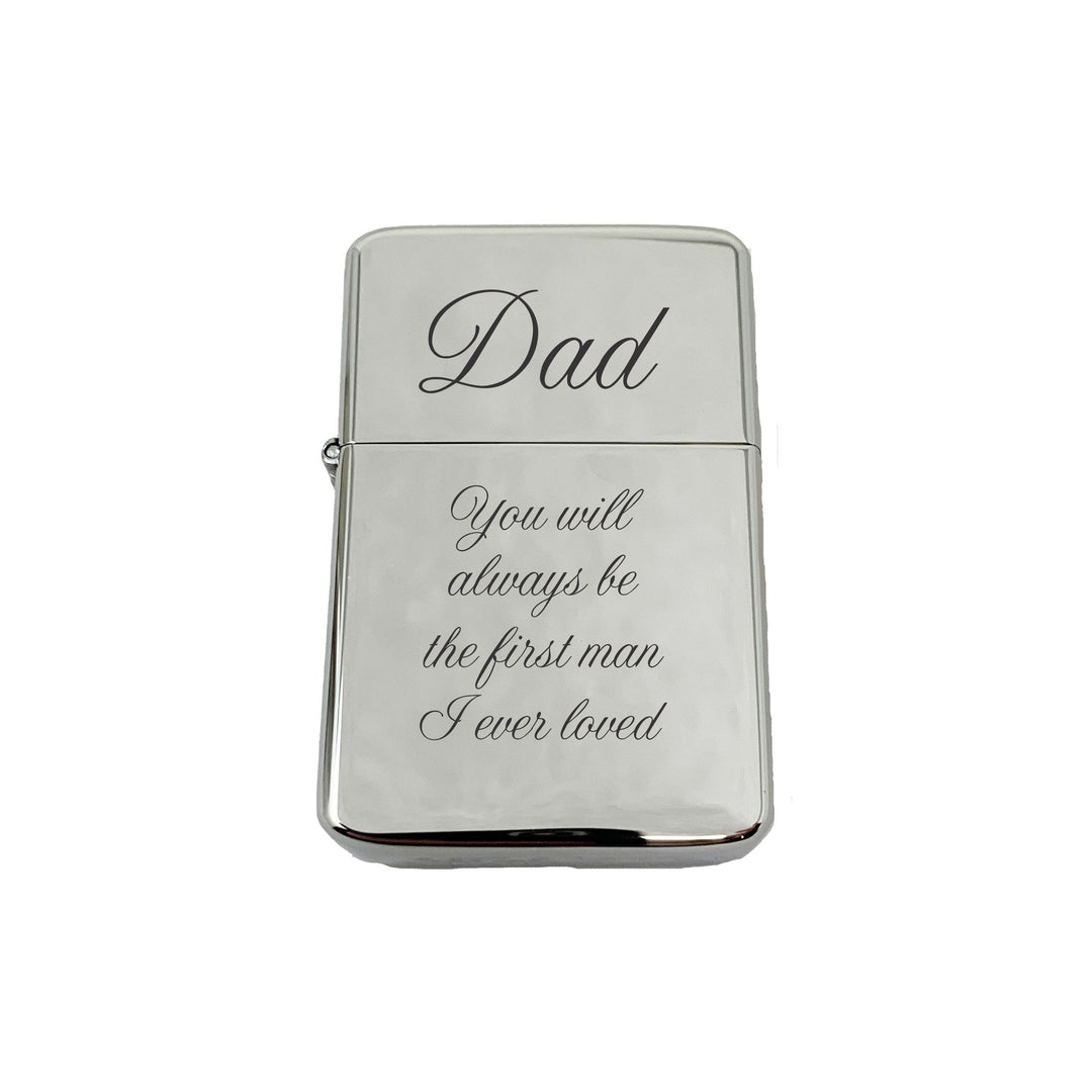 HipFlaskPlus high polish chrome lighter engraved with Dad You will always be the first man I ever loved