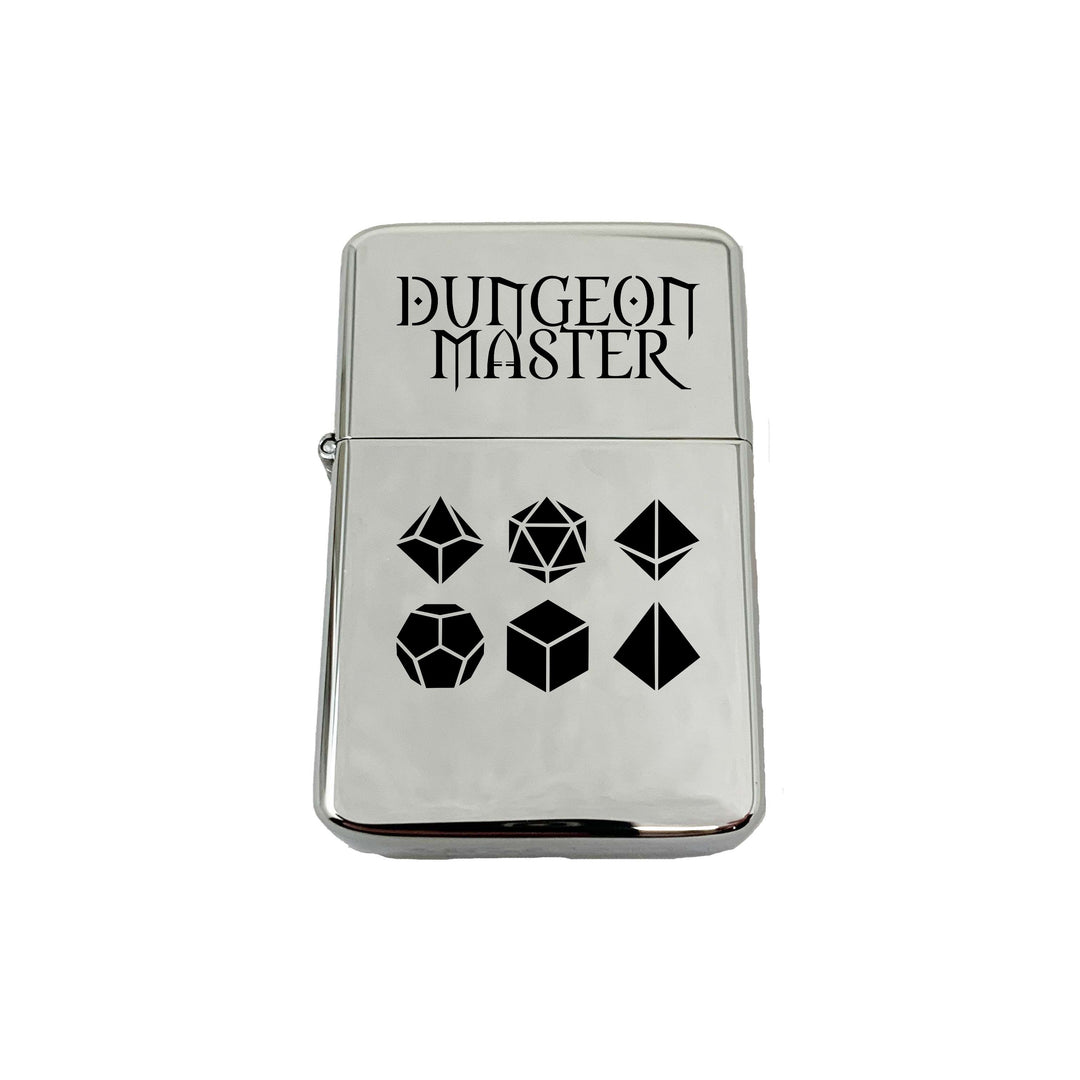 HipFlaskPlus high polish chrome lighter printed with Dungeon Master and six polyhedral dice