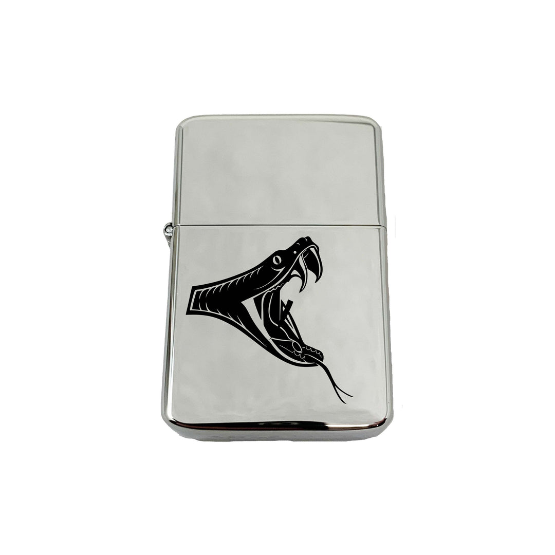 HipFlaskPlus high polish chrome lighter printed with an open-mouthed viper head