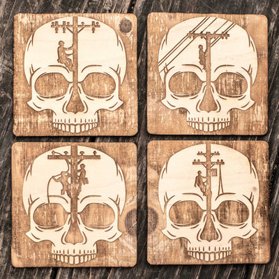 Lineman Skulls Coaster Set of 4 Raw Wood
