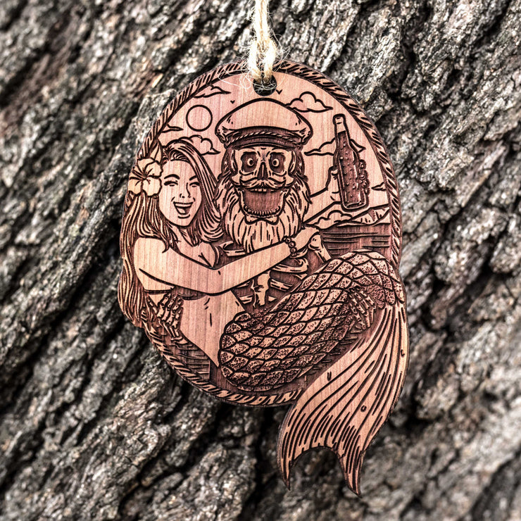 Mermaid and Pirate - Raw Cedar Ornament 3x3in