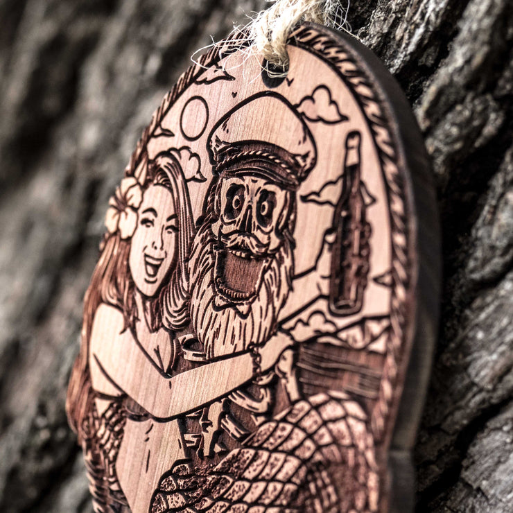 Mermaid and Pirate - Raw Cedar Ornament 3x3in