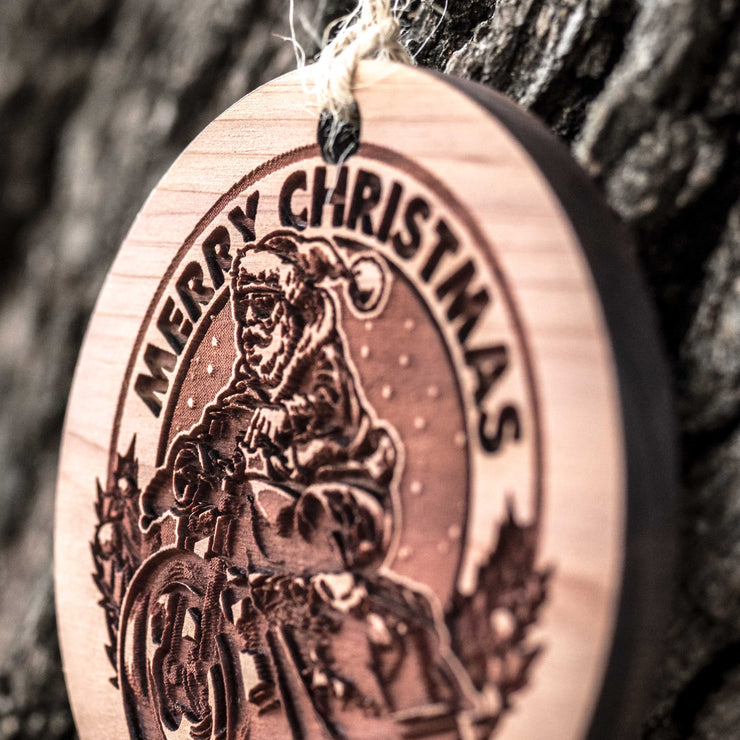 Merry Christmas - Motorcycle Santa - Raw Cedar Ornament 3x3in