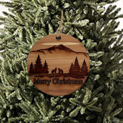 Merry Christmas Howling Wolves - Raw Cedar Ornament 3x3in