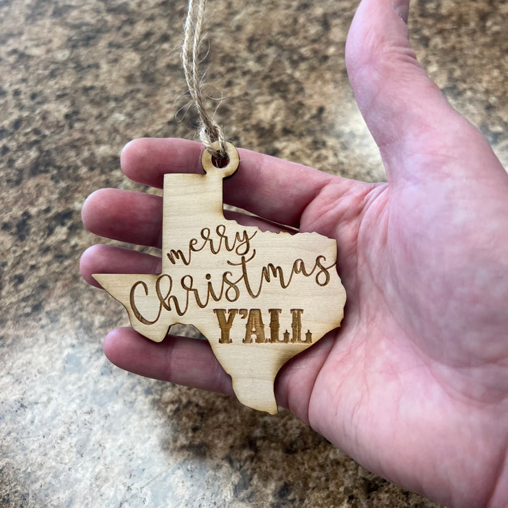 Ornament - Merry Christmas Y'all - Raw Wood 3x3in