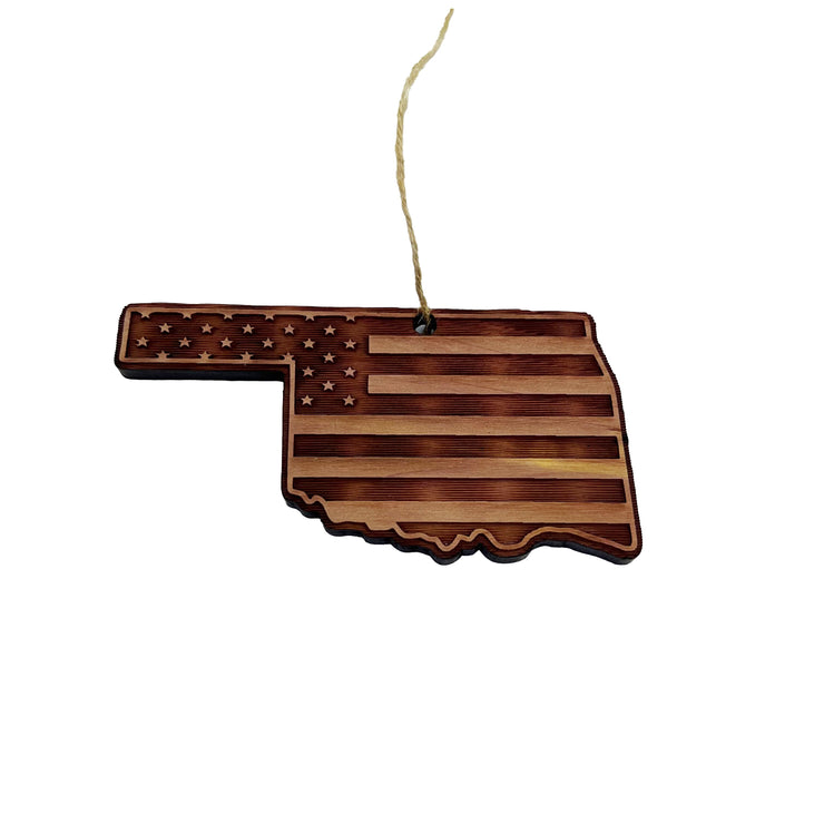 Oklahoma and USA Flag - Cedar Ornament