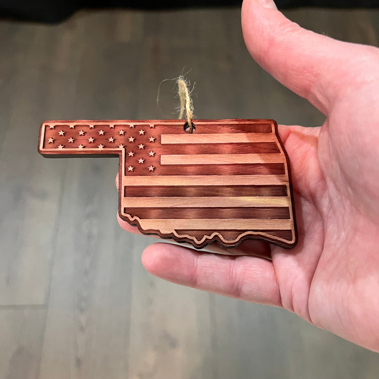 Oklahoma and USA Flag - Cedar Ornament