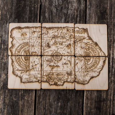 One Eyed Willie Treasure Map Wood Coaster Set of six 4x4in Raw Wood