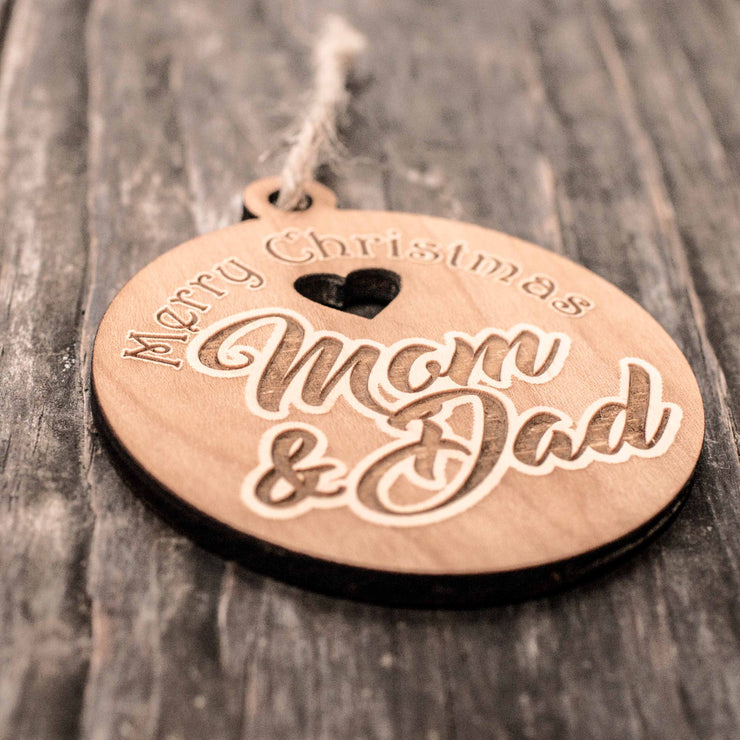 Ornament - Merry Christmas Mom and Dad - Raw Wood 3x3in