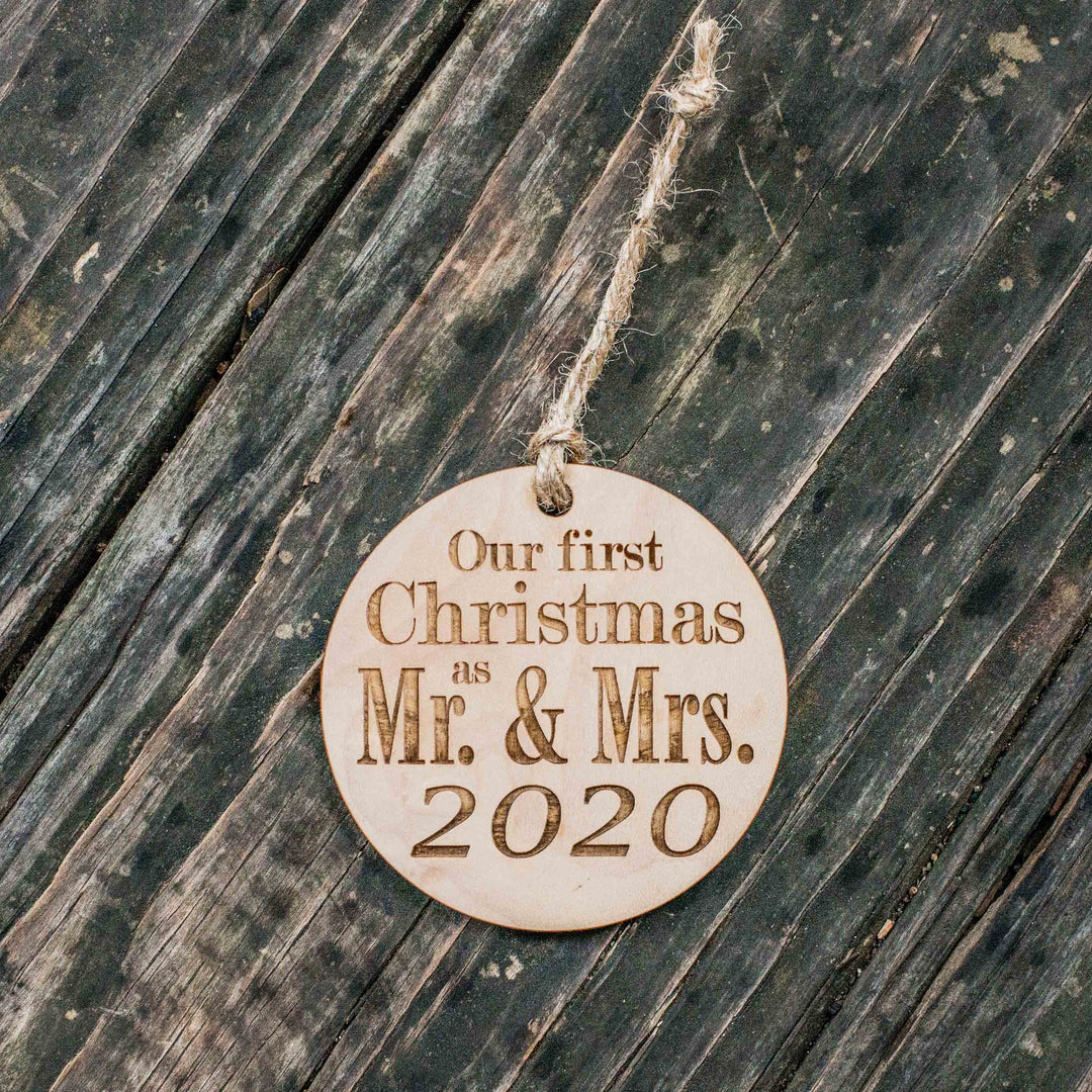 HipFlaskPlus raw wood Our First Christmas as Mr. &amp; Mrs. 2020 ornament on rustic wood