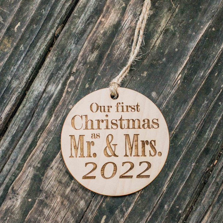 Ornament - 2022 Our First Christmas as Mr and Mrs - Raw Wood 3x3in
