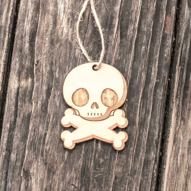 Ornament - Cute Skull and Crossbones - Raw Wood 3x2in