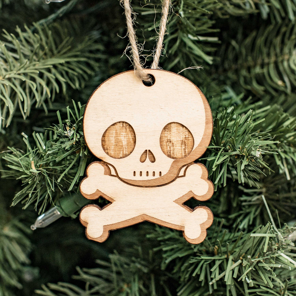 Ornament Cute Skull and Crossbones Raw Wood 3x2in HipFlaskPlus