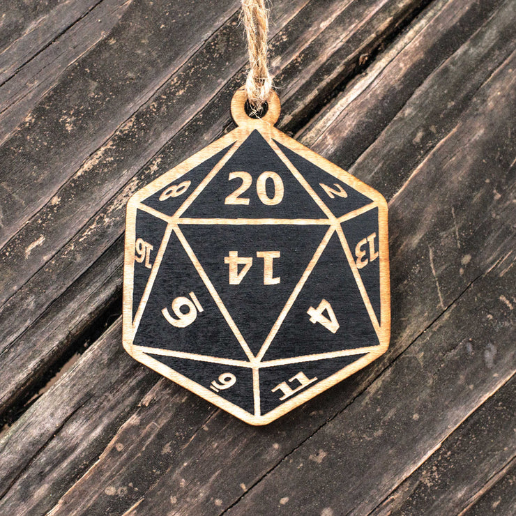 Ornament - D20 - Black Painted Raw Wood 3x3in