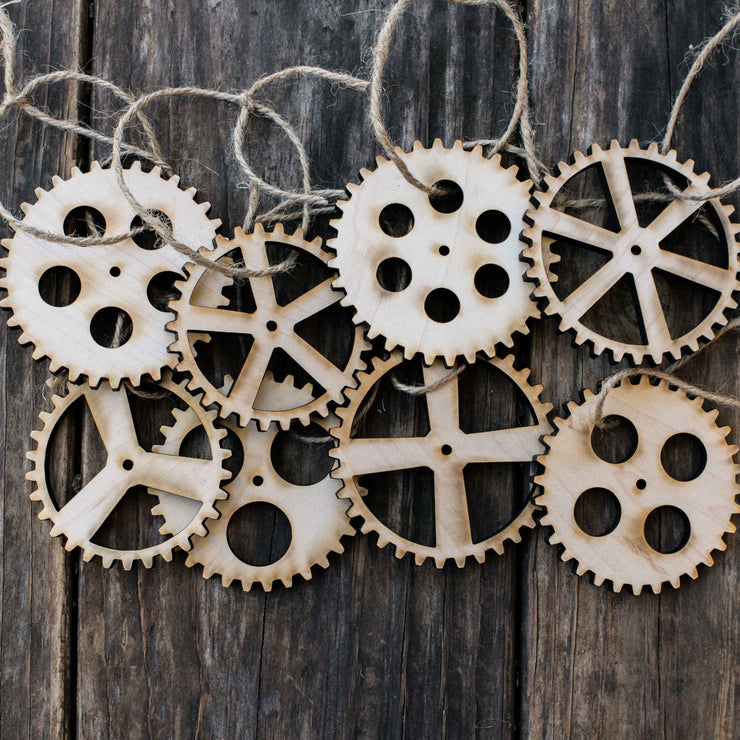 Ornament - Gears Set of 8 - Raw Wood 3x3in