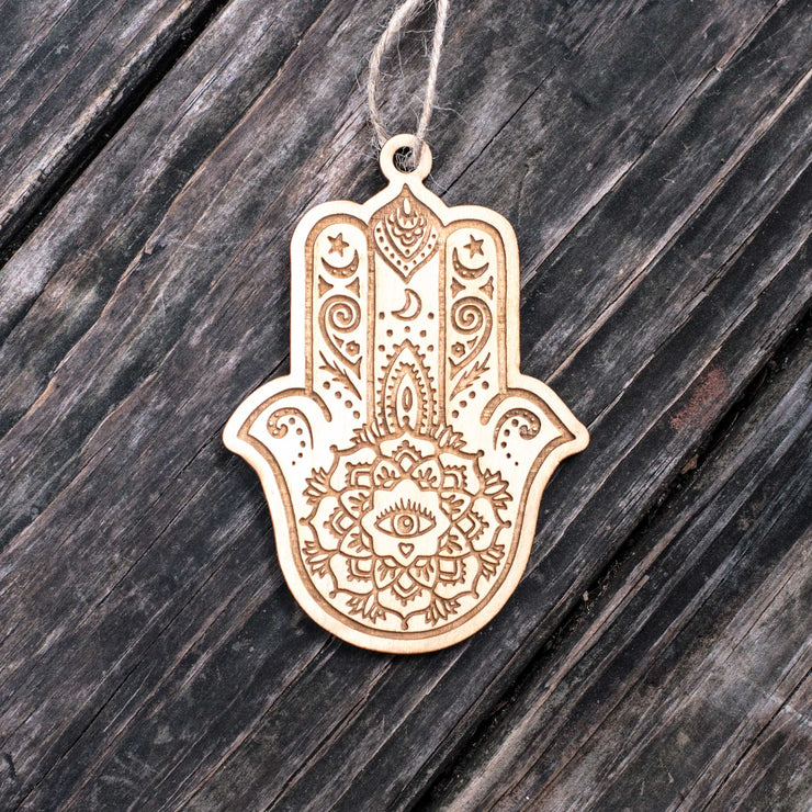 Ornament - Hamsa Hand - Raw Wood 4x3in