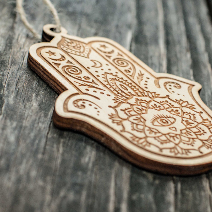 Ornament - Hamsa Hand - Raw Wood 4x3in