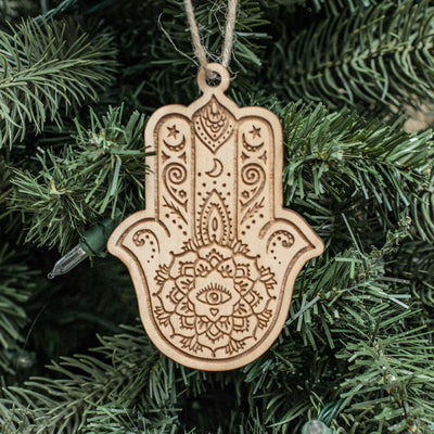 Ornament - Hamsa Hand - Raw Wood 4x3in