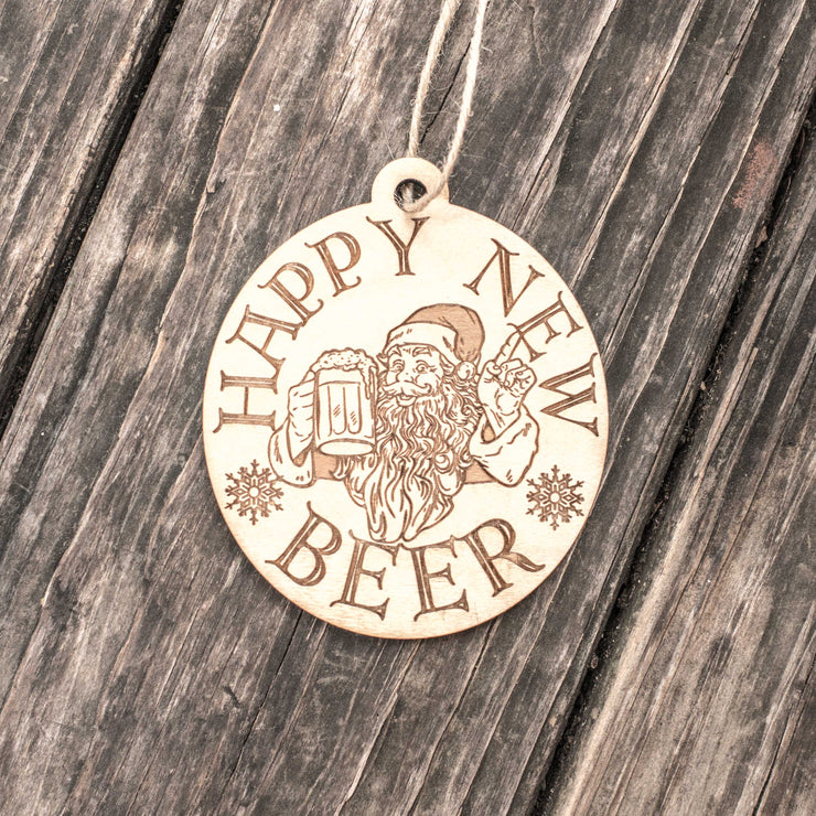 Ornament - Happy New Beer- Raw Wood 3x4in