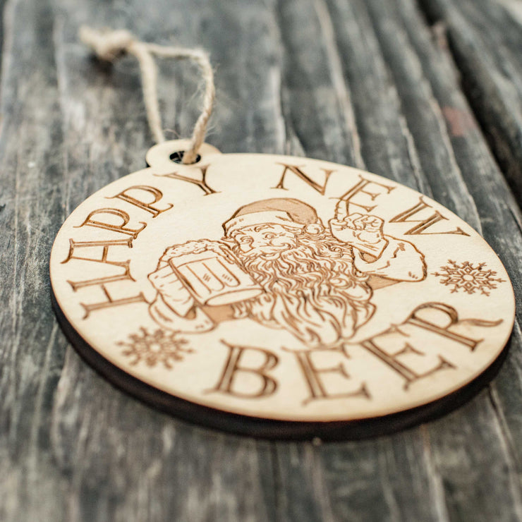 Ornament - Happy New Beer- Raw Wood 3x4in