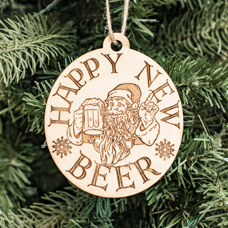 Ornament - Happy New Beer- Raw Wood 3x4in