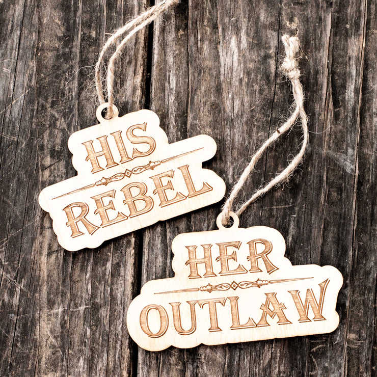Ornament - His Rebel - Her Outlaw - Set Raw Wood 2x4in