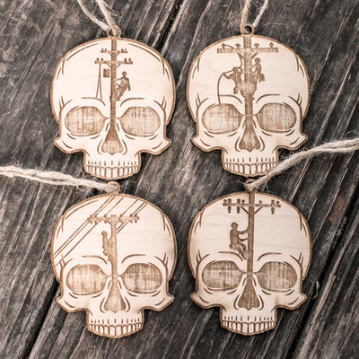 Ornament - Lineman Skulls - Set of 4 - Raw Wood 3x3in