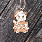Ornament - Meowy Christmas - Raw Wood 3x4in
