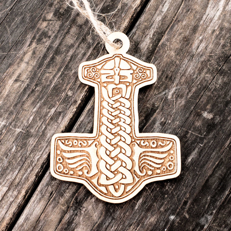 Ornament - Mjolnir - Raw Wood 3x4in