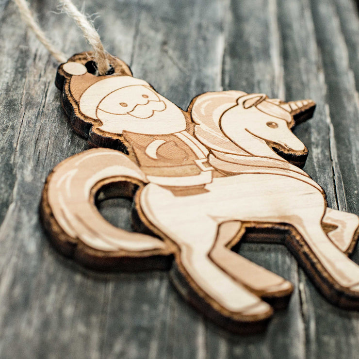 Ornament - Santa's Unicorn - Raw Wood 3x4in
