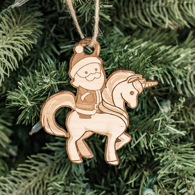Ornament - Santa's Unicorn - Raw Wood 3x4in