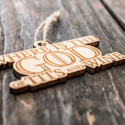 Ornament - Where is the God of Tits and Wine - Raw Wood 4x2in