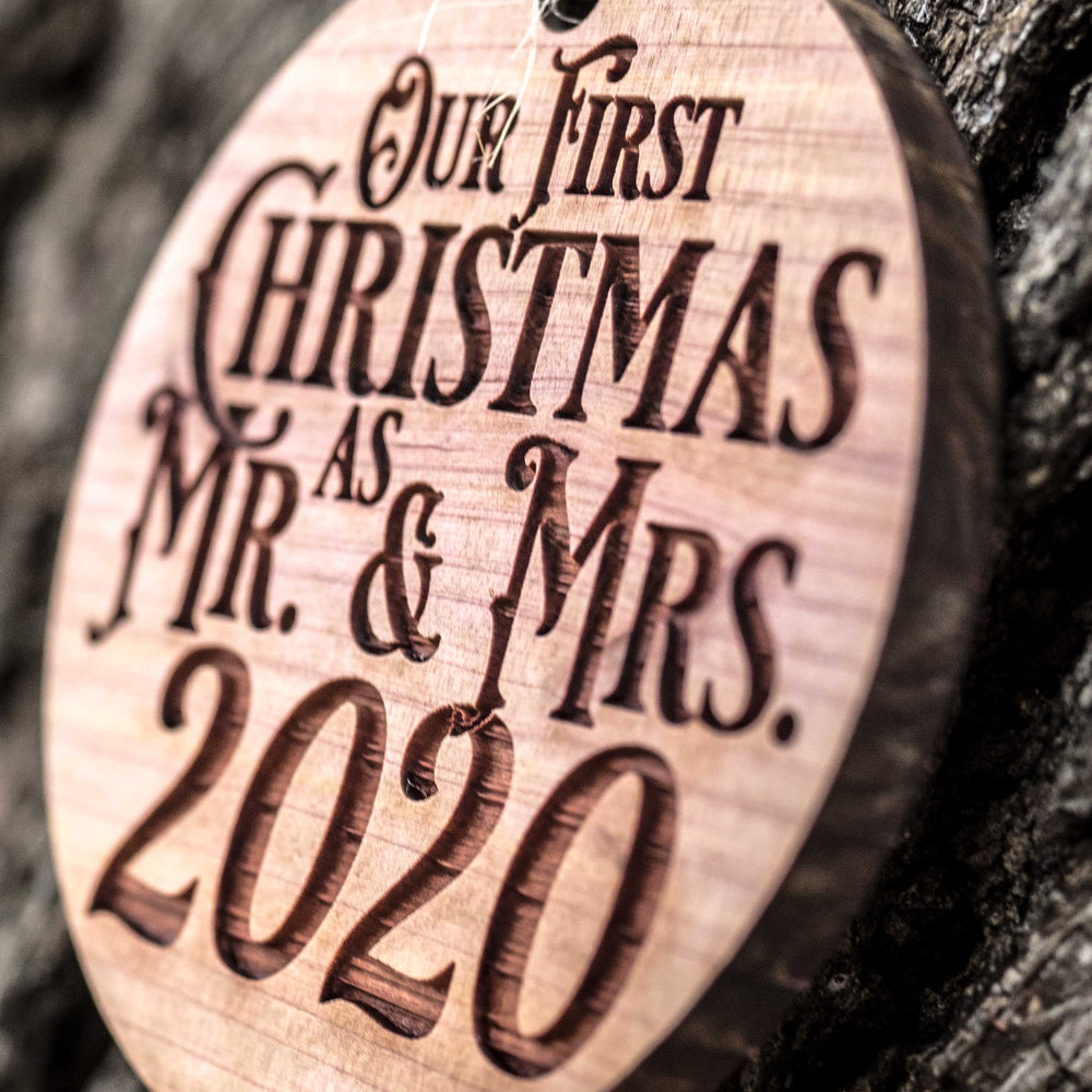 HipFlaskPlus cedar wood Our First Christmas as Mr. & Mrs. ornament, close-up